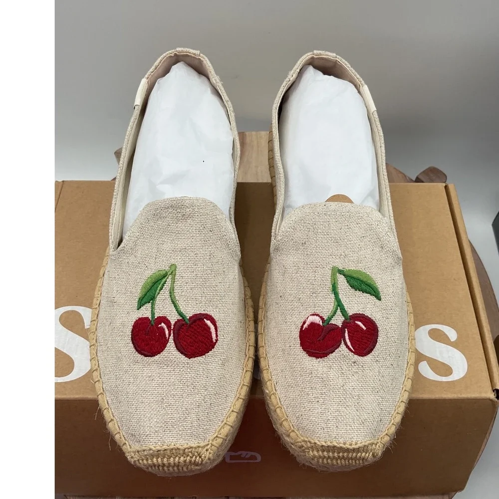 Soludos Cherry On Top Platform Espadrille Sand Linen Embroidered Shoes Womens 9